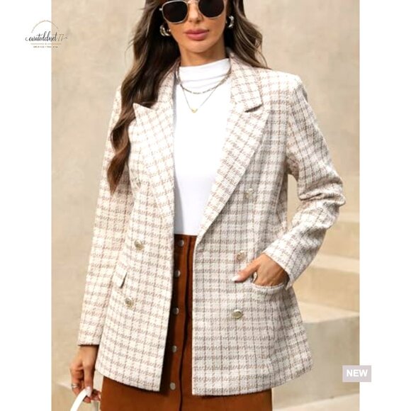 Oversized Plaid Tweed Blazer Boyfriend Style Double Breasted Jacket - Picture 3 of 7